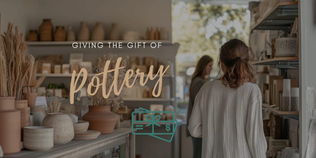 a woman looking at a pottery shop